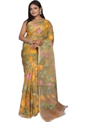 Weaves of Elegance Jangla Jaal Lotus Motif Muslin Silk Dhakai Saree with Blouse Piece for Women Floral Thread Work Traditional Ethnic Festival Wear