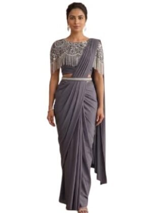 Owlsky Women Ready-to-Wear One Minute Saree with Embellished Fringed Cape Blouse & Handcrafted Belt | Imported Georgette Wedding & Festive Saree | Pre-Draped Saree