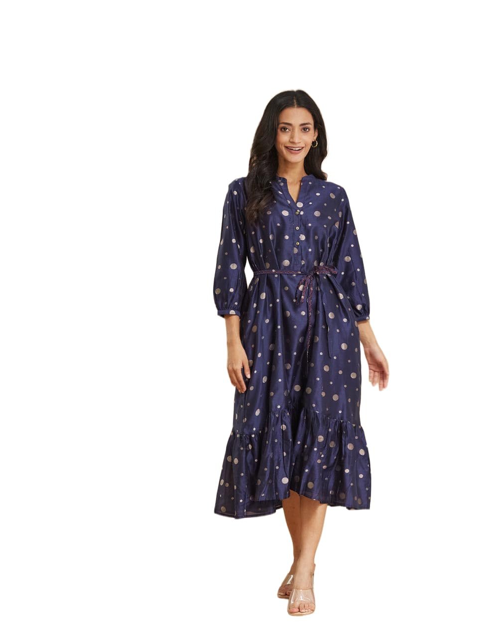 Fabindia Blue Cotton Silk Blend Cutwork Midi Dress