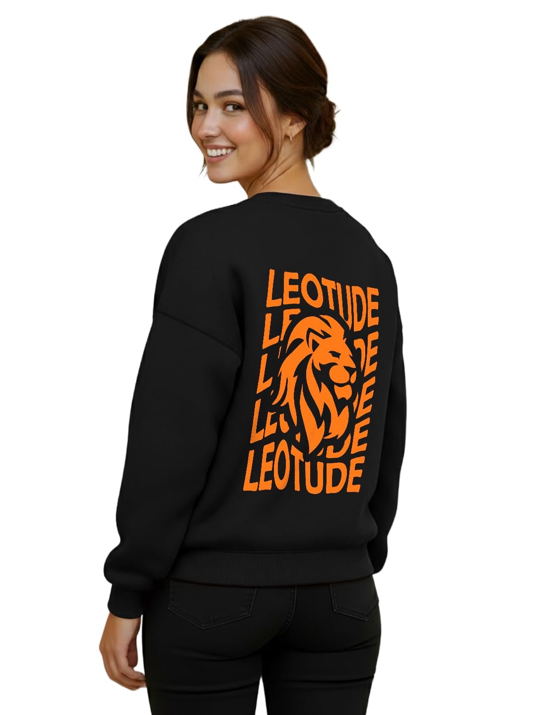 LEOTUDE Women's Loopknit Boyfriend/Loose Fit Round Neck Sweatshirt (Color Black) - Image 3