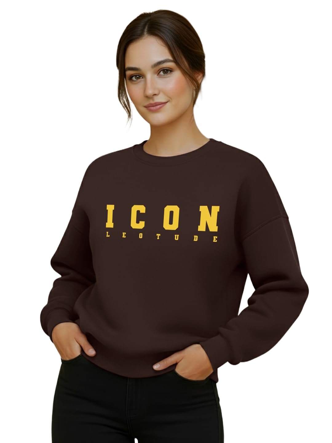 LEOTUDE Women's Loopknit Boyfriend/Loose Fit Round Neck Sweatshirt (Color Black) - Image 6