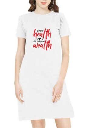 Pooplu Women's Regular Fit Knee Length Good Health is Above Wealth Cotton Graphic Printed Round Neck Half Sleeves Pootlu, Gym, Exercise, Fitness, Yoga Tees, Tops and Tshirts