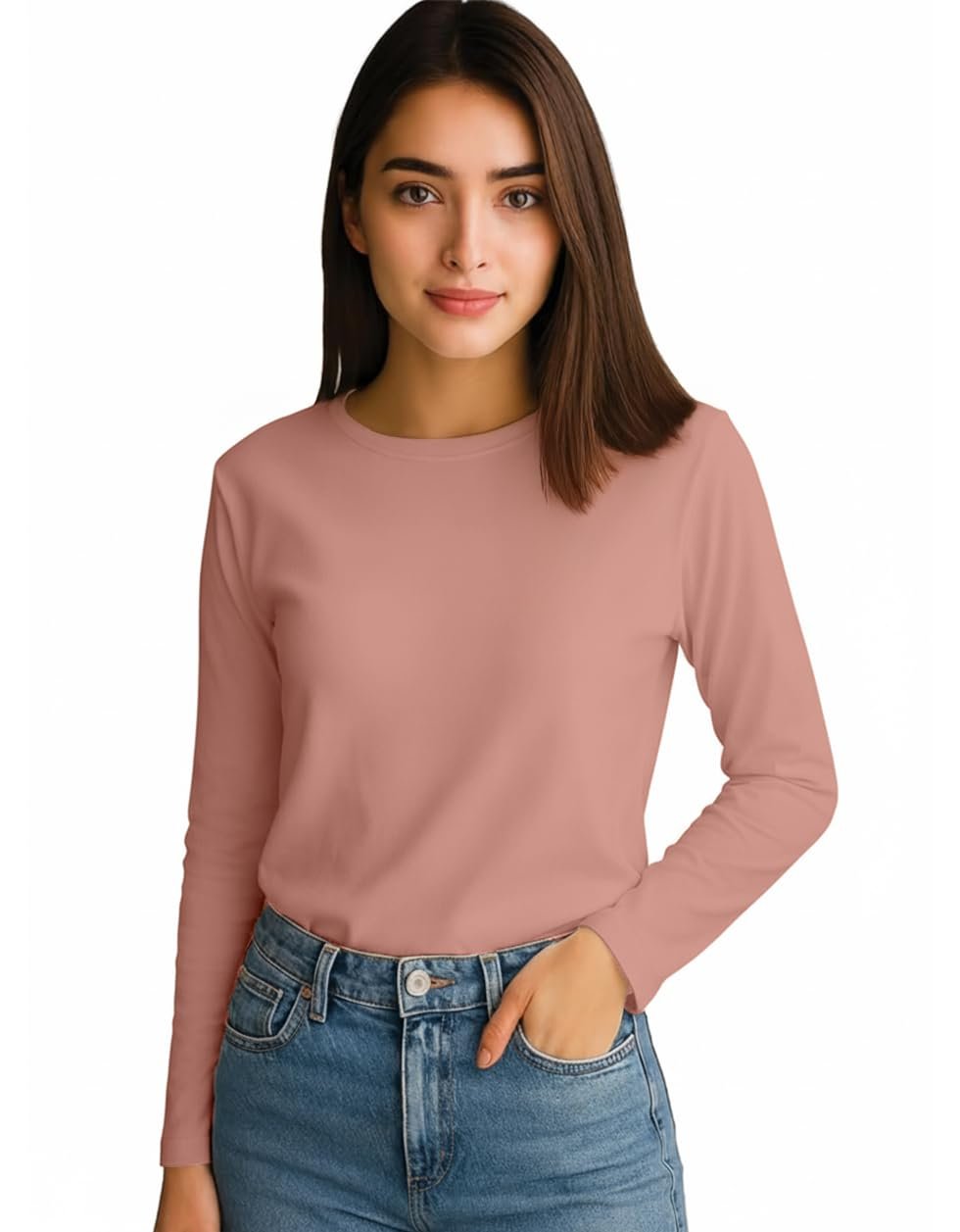 JUNEBERRY® Pure Cotton Round Neck Regular Fit Core Fashion Solid Full Sleeve T-Shirt for Women & Girls (Colors: Black, Cork, Green, Navy, Swanwhite & White) - Image 6