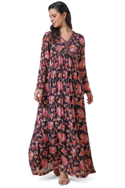 Soch Womens Black Chinon Floral Print Alia Cut Dress