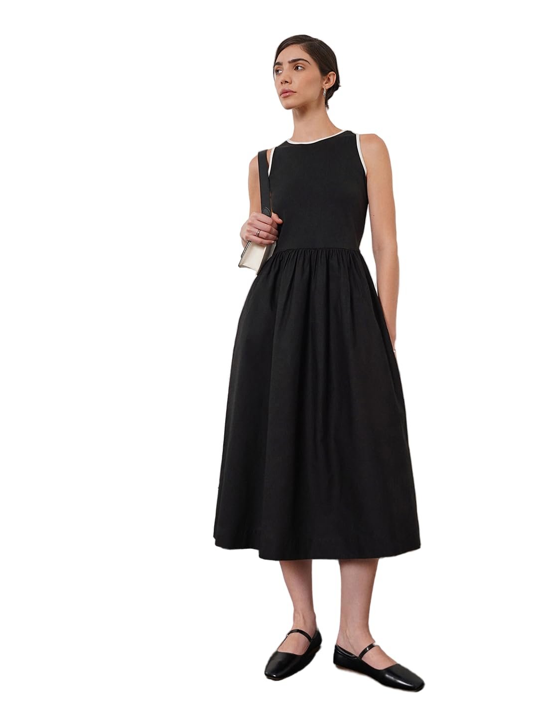 FableStreet Women Casual & Work Dress | Elegant Fit & Flare Midi Round Neck Sleeveless Style | Pure Cotton Breathable Fabric with Pockets Office Events