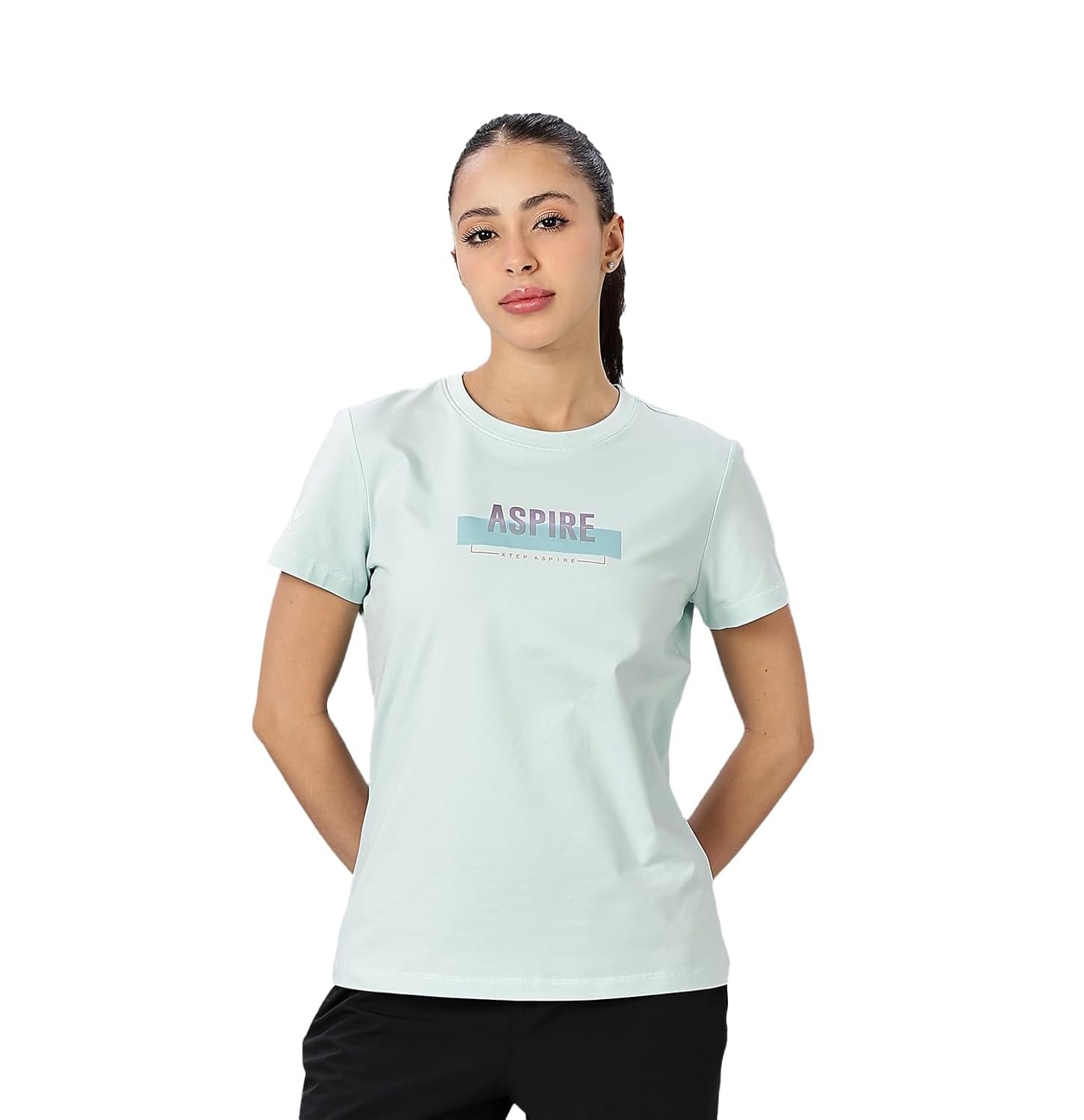 XTEP Women Solid Crew Neck Cotton Regular Fit Grey Green T-Shirt