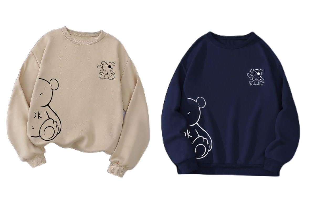TAGAS Women's Bear Graphic Round Neck Sweatshirt|Trendy Oversized Pullover Sweatshirts|Soft Fleece Pullover Winterwear