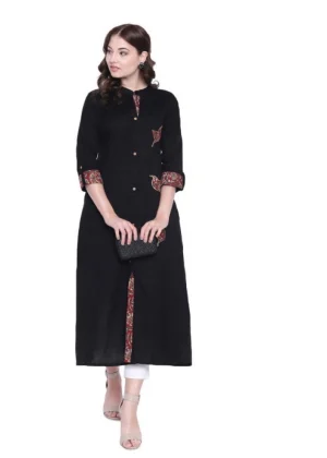 Generic Women's Khadi Printed A Line Kurti? (Black, Khadi)