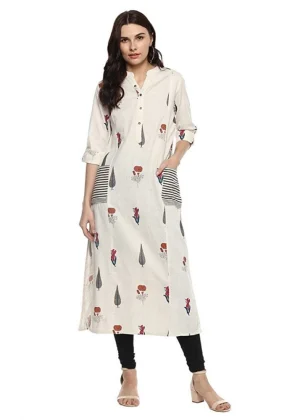 Generic Women's Khadi Printed A Line Kurti (Off White, Khadi)