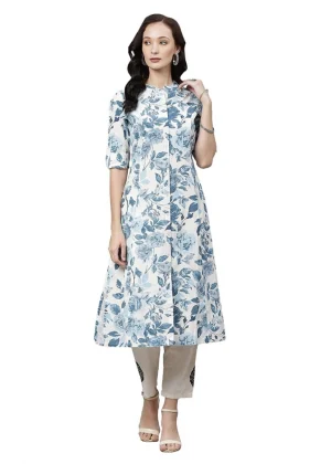 Generic Women's Cotton Printed Floral Print Kurti (White, Blue, Cotton)