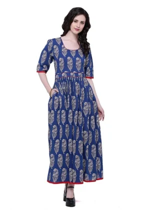 Generic Women's Cotton Printed Anarkali Kurti (Blue, Cotton)