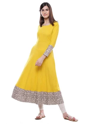 Generic Women's Rayon Printed Solid Anarkali Kurti (Yellow, Rayon)