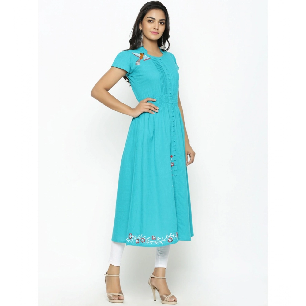 Generic Women's Casual Short Sleeve Embroidery Cotton Slub Kurti (Torque Green) - Image 4