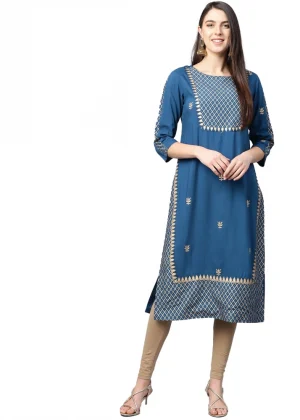 Generic Women's Casual 3/4 th Sleeve Floral Printed Rayon Kurti (Blue)