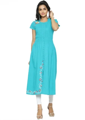 Generic Women's Casual Short Sleeve Embroidery Cotton Slub Kurti (Torque Green)
