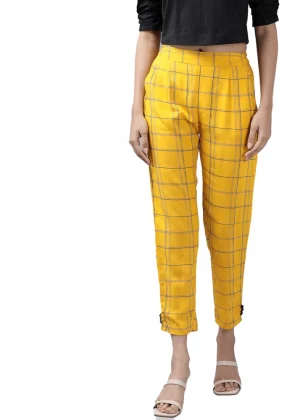 Generic Women's Casual Checked Rayon Trouser Pant (Yellow)