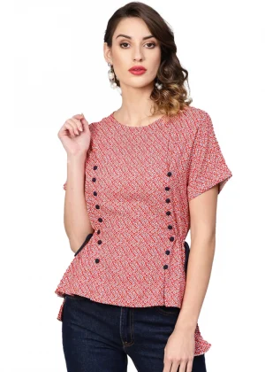 Generic Women's Casual Short Sleeve Geometric Rayon Top (Red)