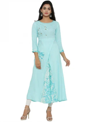 Generic Women's Casual 3/4 th Sleeve Embroidery Rayon Kurti (Sky Blue)