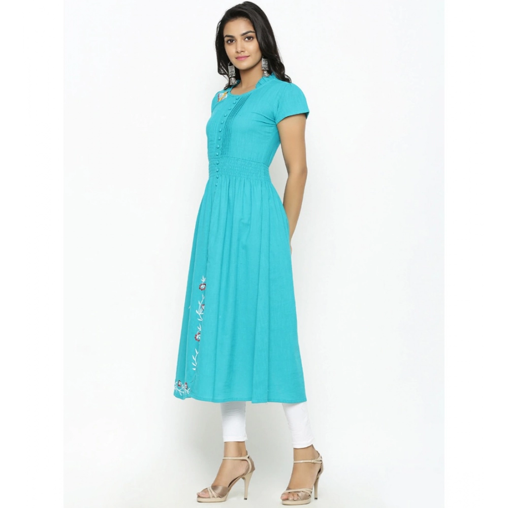 Generic Women's Casual Short Sleeve Embroidery Cotton Slub Kurti (Torque Green) - Image 2