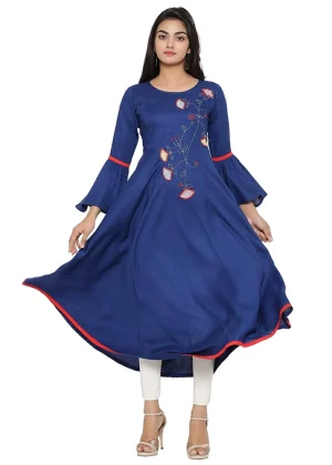 Generic Women's Casual Bell Sleeves Embroidery Rayon Kurti (Blue)