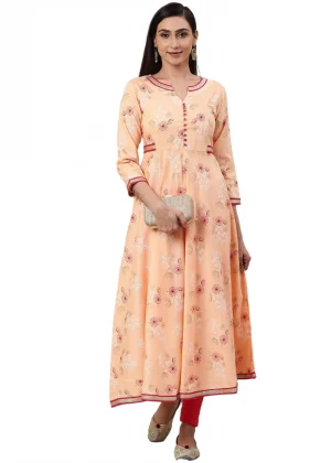 Generic Women's Casual 3/4 th Sleeve Floral Printed Rayon Kurti (Peach)