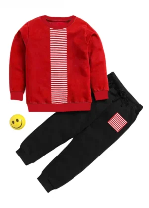 Generic Boy's Casual Full Sleeve Printed Cotton T Shirt With Pant (Red)