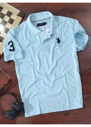 Generic Men's Casual Half sleeve Solid Cotton Polo Neck T-shirt (Sky Blue)