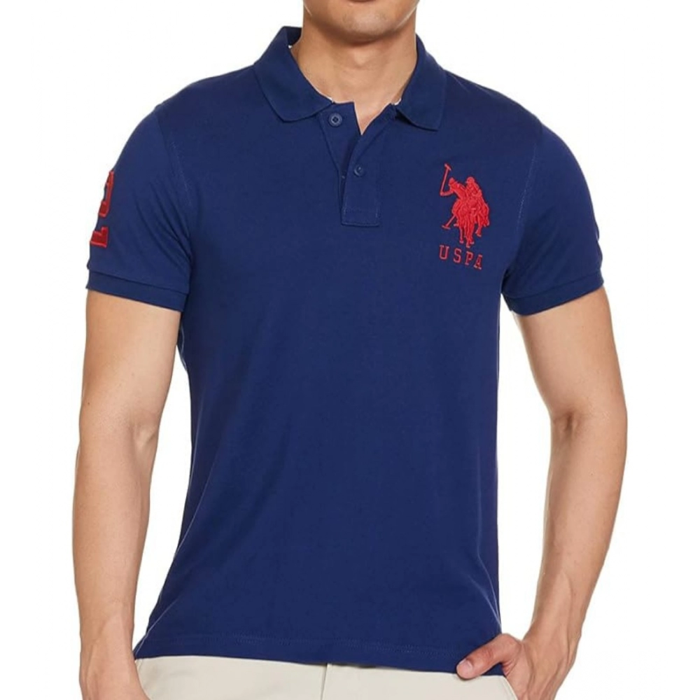 Generic Men's Casual Half sleeve Solid Cotton Polo Neck T-shirt (Dark Blue)