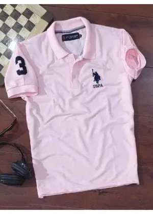 Generic Men's Casual Half sleeve Solid Cotton Polo Neck T-shirt (Pink)