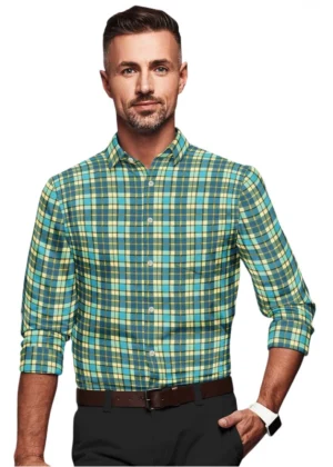 Generic Men's Cotton Blended Checked Full Sleeve Shirt (Green-Yellow)