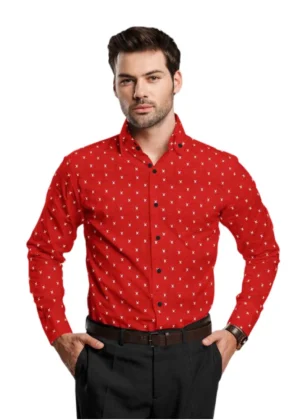 Generic Men's Cotton Blended Printed Full Sleeve Shirt (Red)