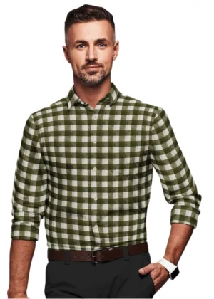 Generic Men's Cotton Blended Checked Full Sleeve Shirt (White-Green)
