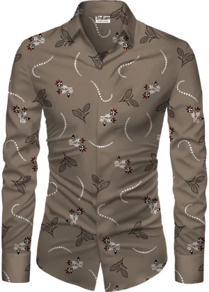 Generic Men's Casual Floral Printed Cotton Blend Unstitched Shirt Fabric 1.6 Mtrs (Brown)