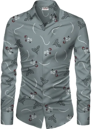 Generic Men's Casual Floral Printed Cotton Blend Unstitched Shirt Fabric 1.6 Mtrs (Grey)