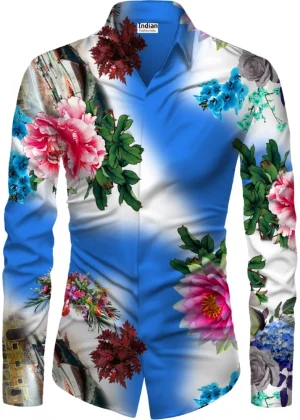 Generic Men's Casual Floral Printed Cotton Blend Unstitched Shirt Fabric 1.6 Mtrs (Blue)
