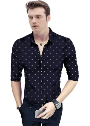 Generic Men's Casual Floral Printed Cotton Blend Unstitched Shirt Fabric 1.6 Mtrs (Dark Blue)