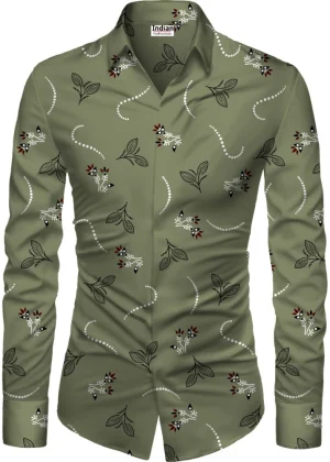 Generic Men's Casual Floral Printed Cotton Blend Unstitched Shirt Fabric 1.6 Mtrs (Green)