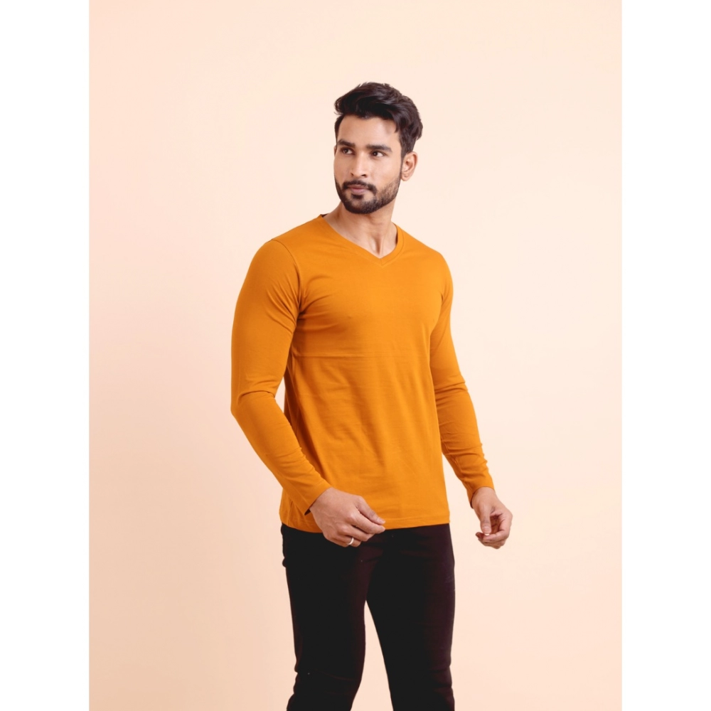 Generic Men's Casual Cotton Solid V Neck Full Sleeve T-Shirt (Mustard) - Image 5