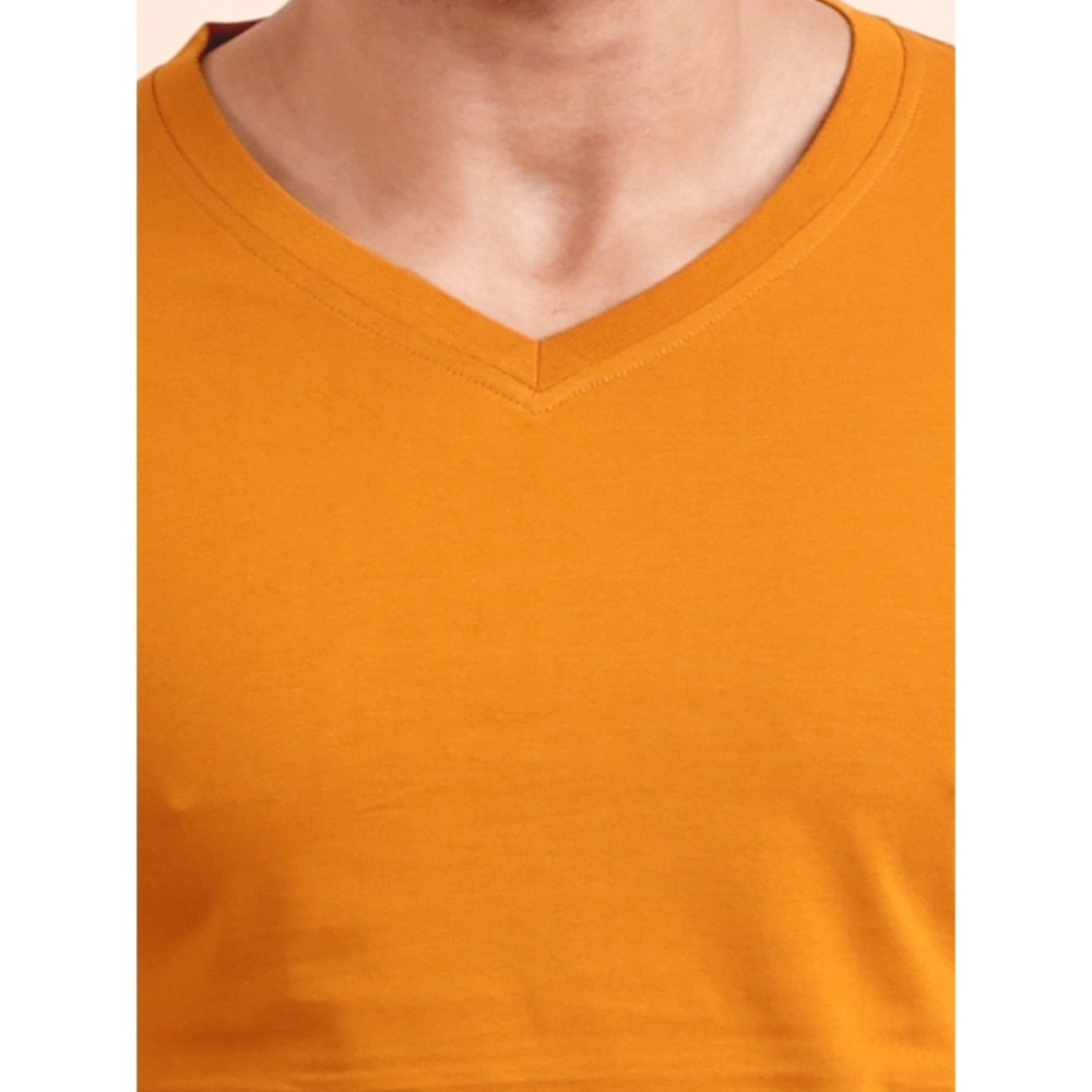 Generic Men's Casual Cotton Solid V Neck Full Sleeve T-Shirt (Mustard) - Image 3