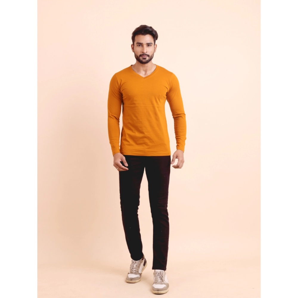 Generic Men's Casual Cotton Solid V Neck Full Sleeve T-Shirt (Mustard) - Image 2