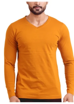 Generic Men's Casual Cotton Solid V Neck Full Sleeve T-Shirt  (Mustard)