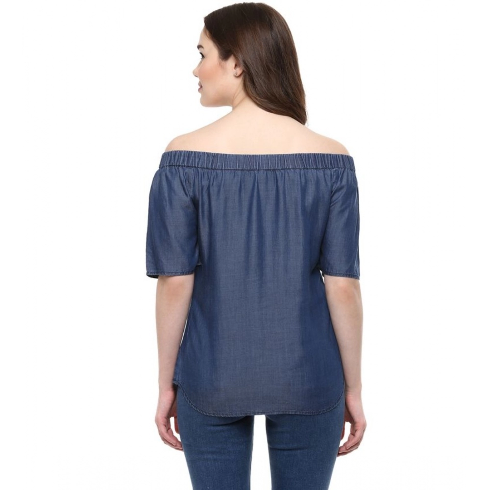 Generic Women's Denim Solid Short Sleeve Regular Top (Blue) - Image 3