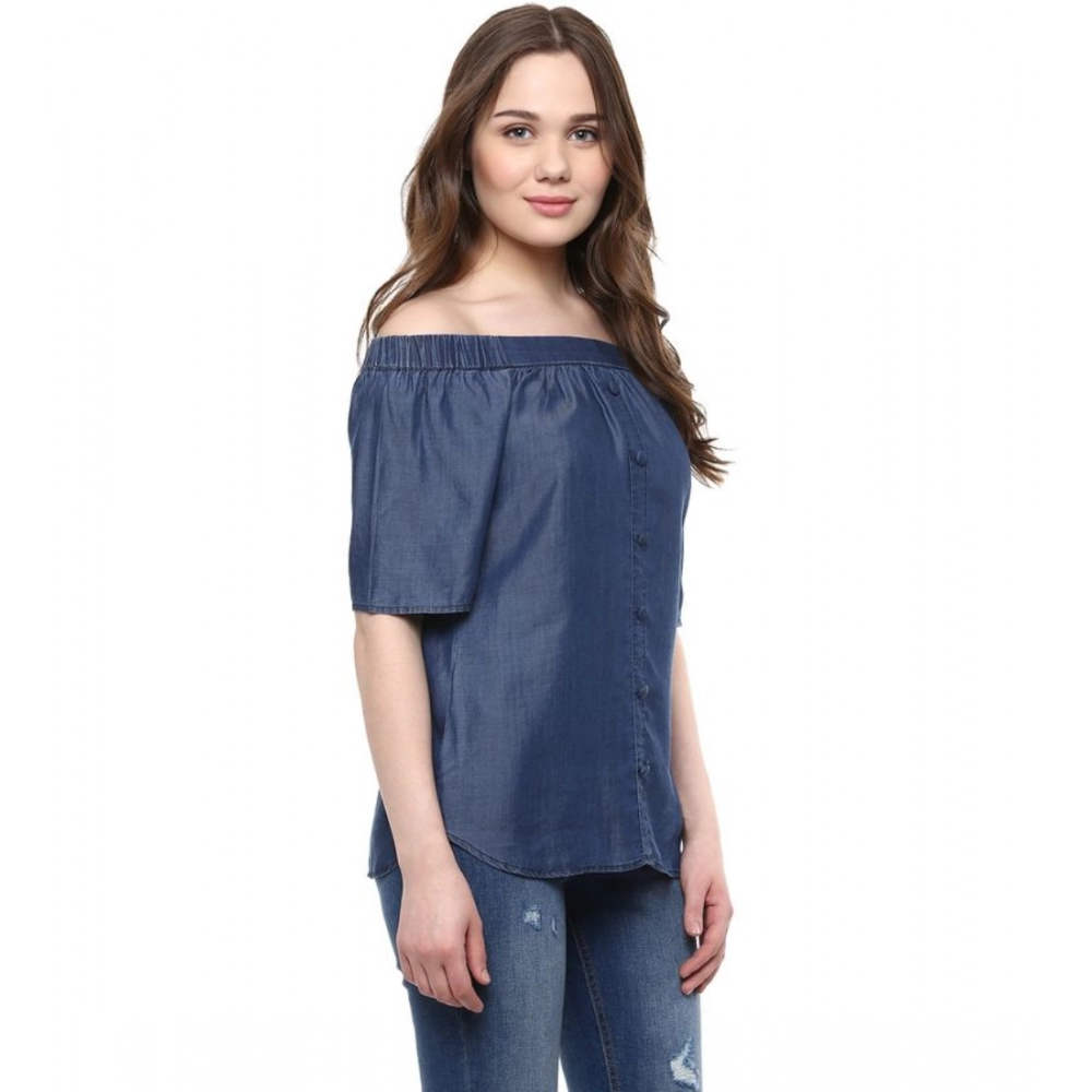 Generic Women's Denim Solid Short Sleeve Regular Top (Blue) - Image 5
