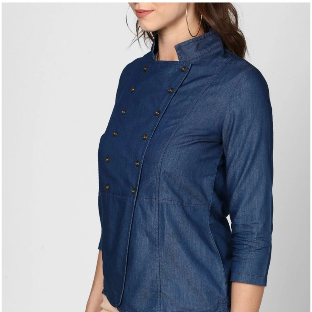 Generic Women's Denim Solid 3-4th Sleeves Top (Blue) - Image 5