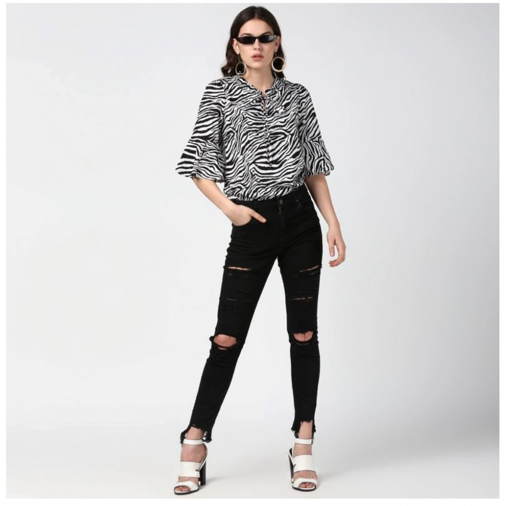 Generic Women's Polyester Animal Print Bell Sleeve Top (Black - White) - Image 3