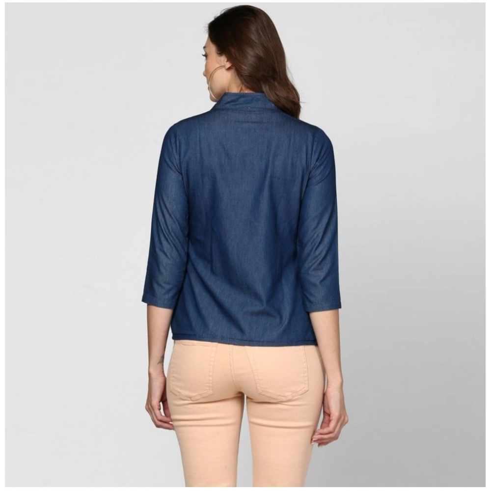 Generic Women's Denim Solid 3-4th Sleeves Top (Blue) - Image 2