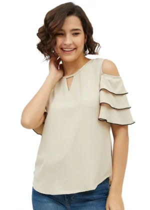 Generic Women's Polyester Tiered Cold Shoulder Top (Beige)