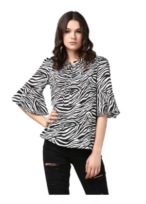 Generic Women's Polyester Animal Print Bell Sleeve Top (Black - White)