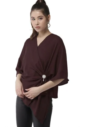 Generic Women's Polyester Solid Cape Sleeve Top (Maroon)