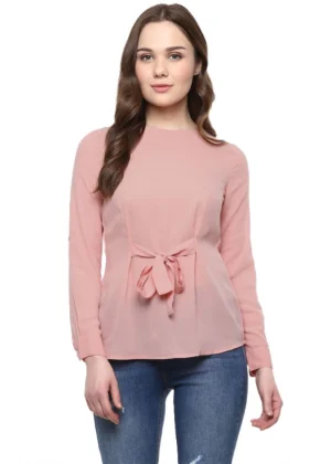 Generic Women's Polyester Solid Long Sleeves Regular Top (Pink)